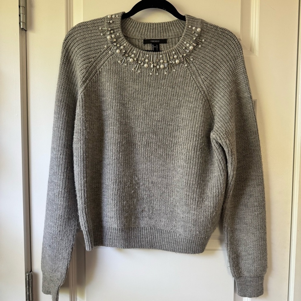 Forever 21 Sparkle Collar Gray Ribbed Knit Sweater Large